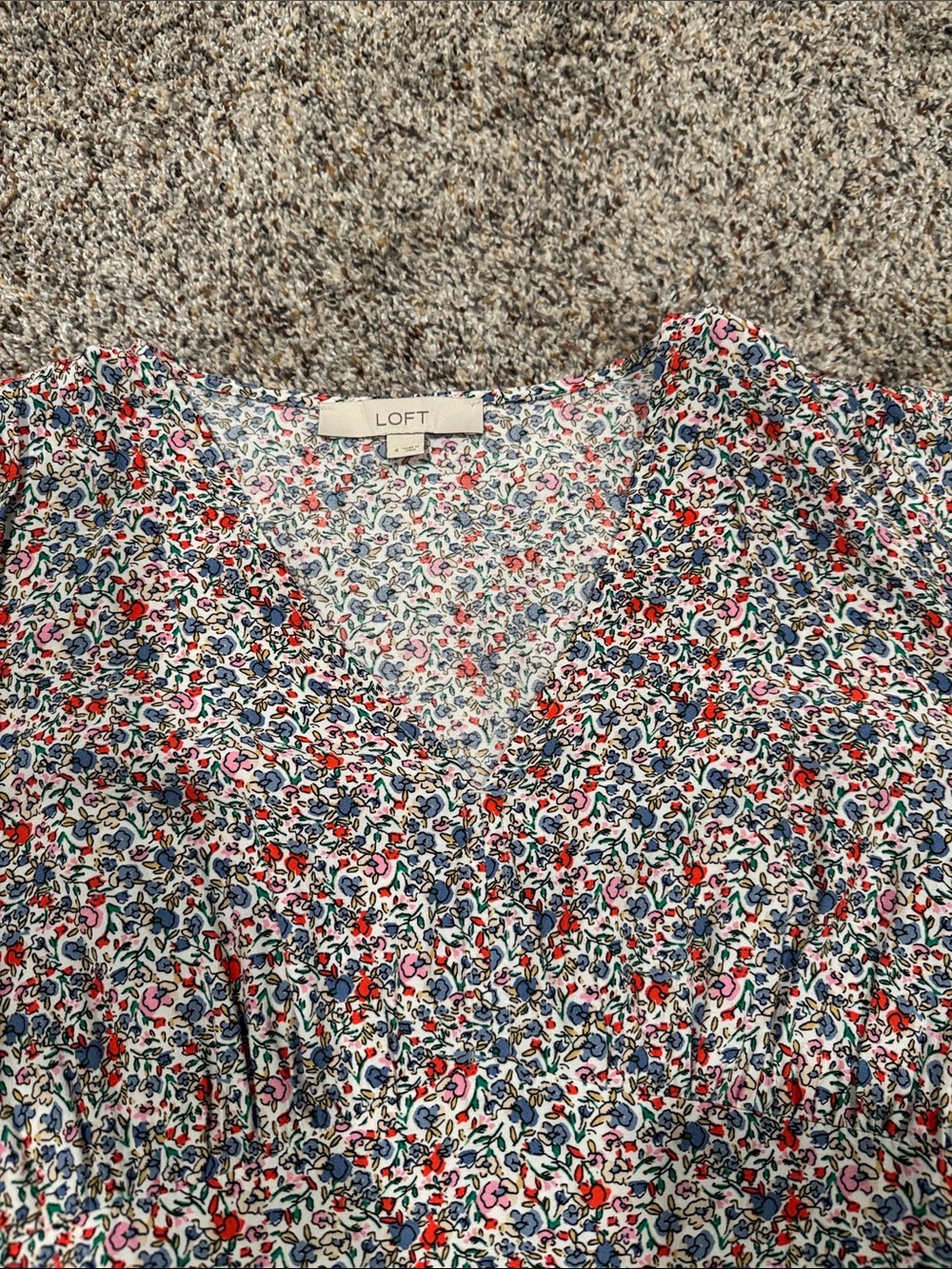 LOFT White Floral V-Neck Dress with Red & Blue Accents - Picture 3 of 5